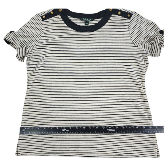 Lauren Ralph Lauren Wom LG Tee Black Striped Gold Buttons Classic Timeless Chic - Picture 4 of 11